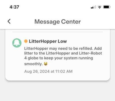 Notification on the app to refill the Litter hopper